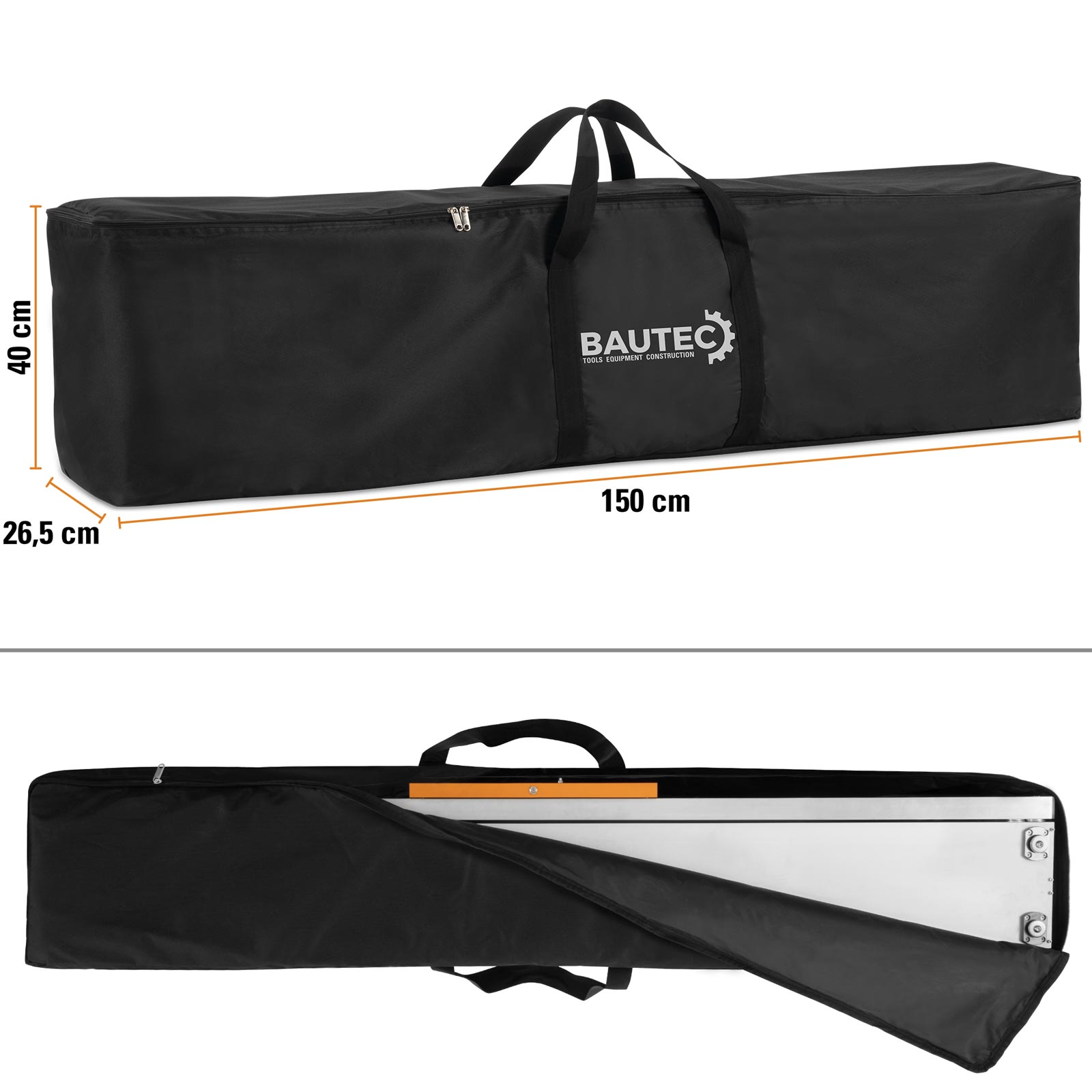 Schwarze Transporttasche mit Tragegriffen und Maßen 150x40x26,5cm.