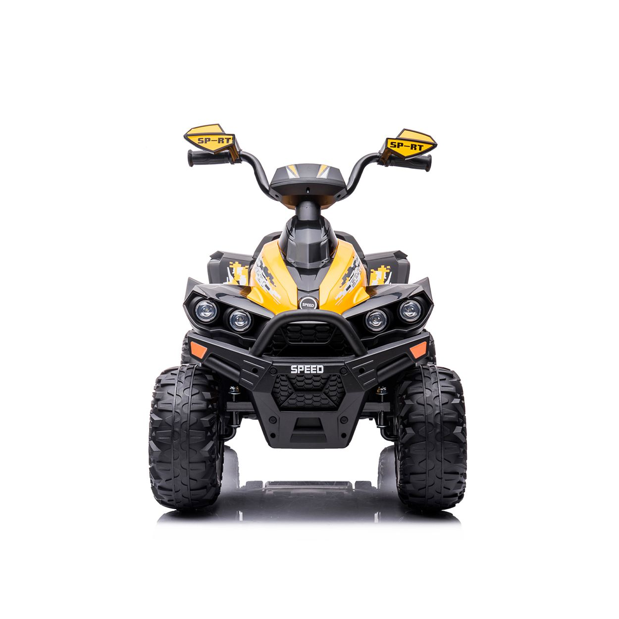 Ein gelber und schwarzer Quad-Roller mit großen Reifen und Scheinwerfern.