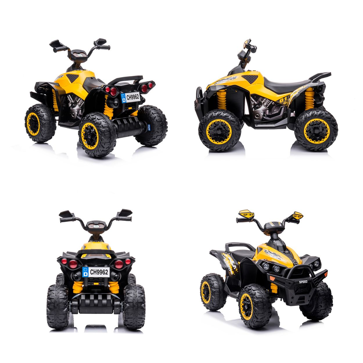 Vier gelbe und schwarze Kinder-ATVs auf weißem Hintergrund, verschiedene Ansichten.