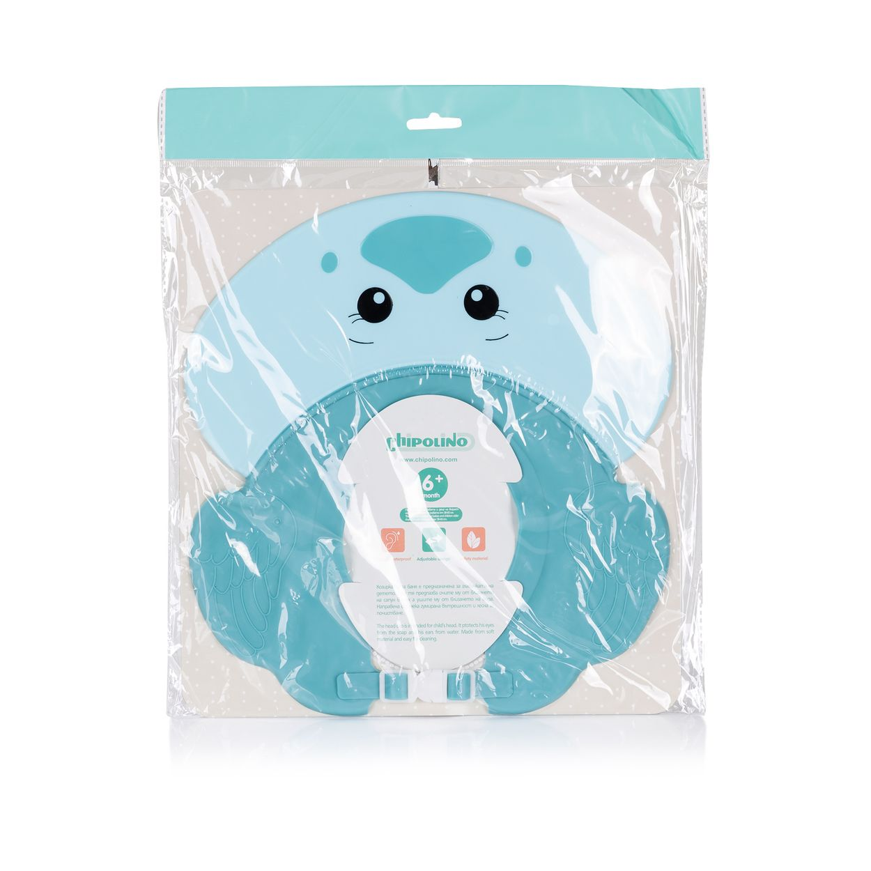 Hellblaue Baby-Duschhaube mit Tiermotiv, verpackt.