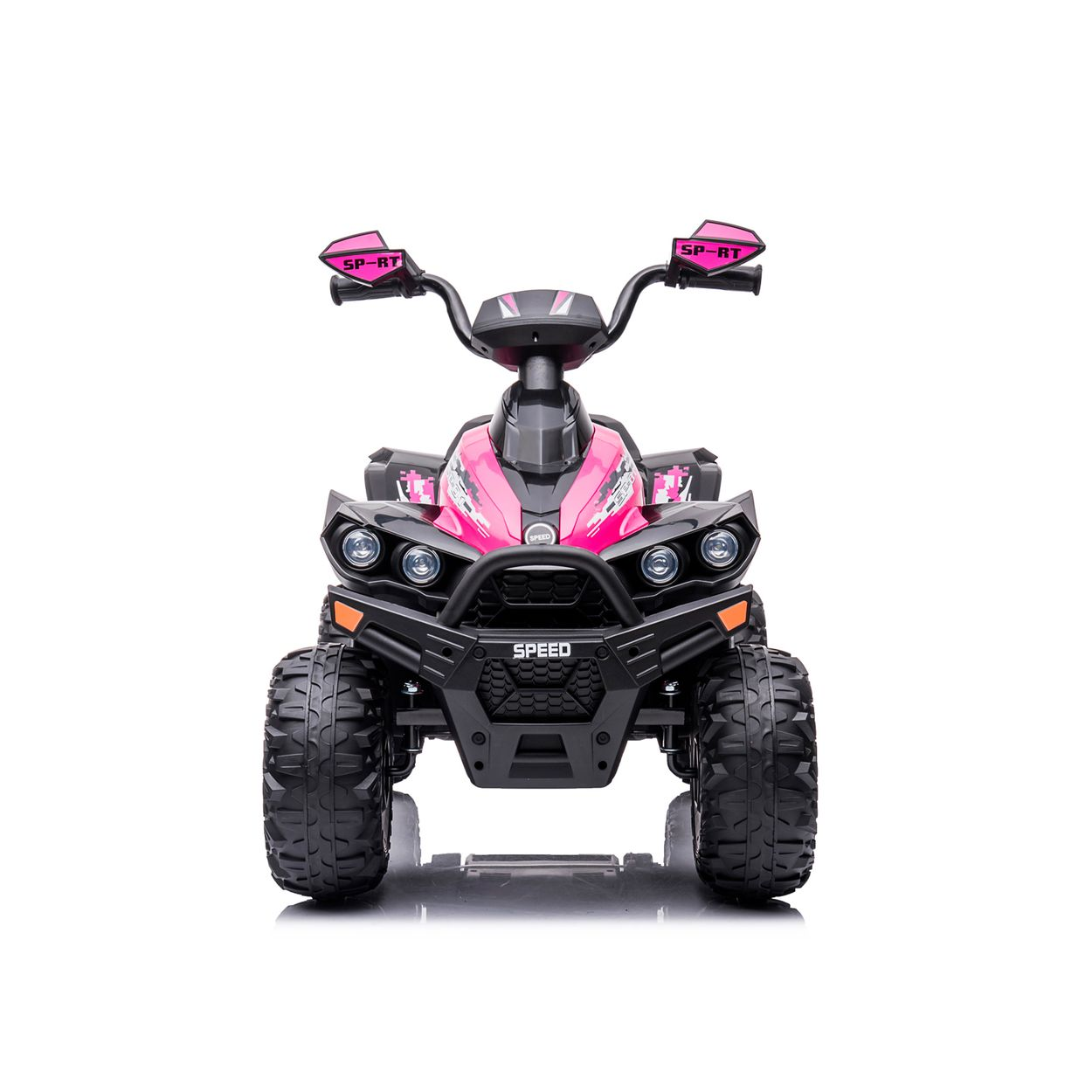 Ein pinkfarbenes Quad mit schwarzen Akzenten und großen Reifen.