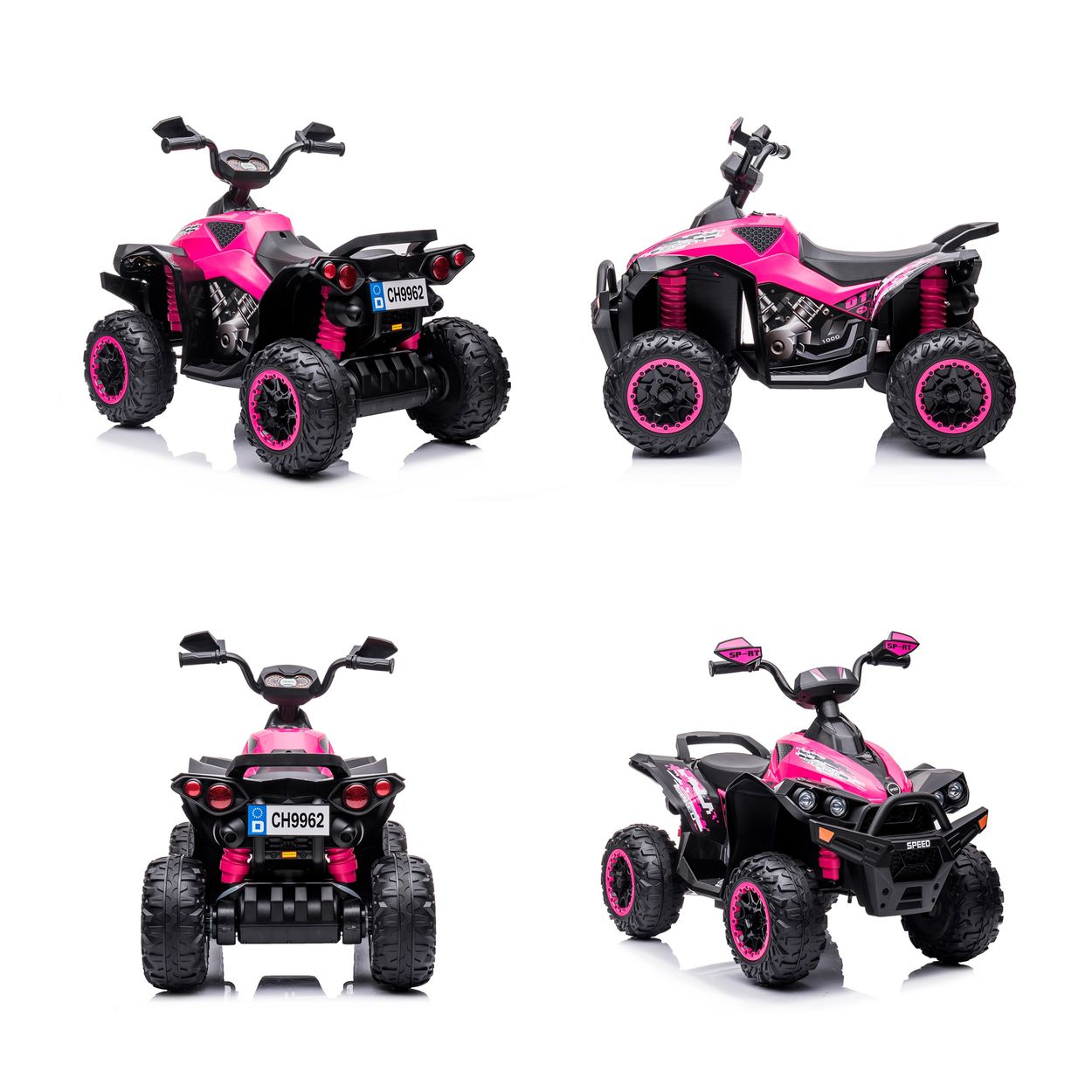 Ein rosafarbenes Elektro-Quad für Kinder mit schwarzen Akzenten und großen Reifen.