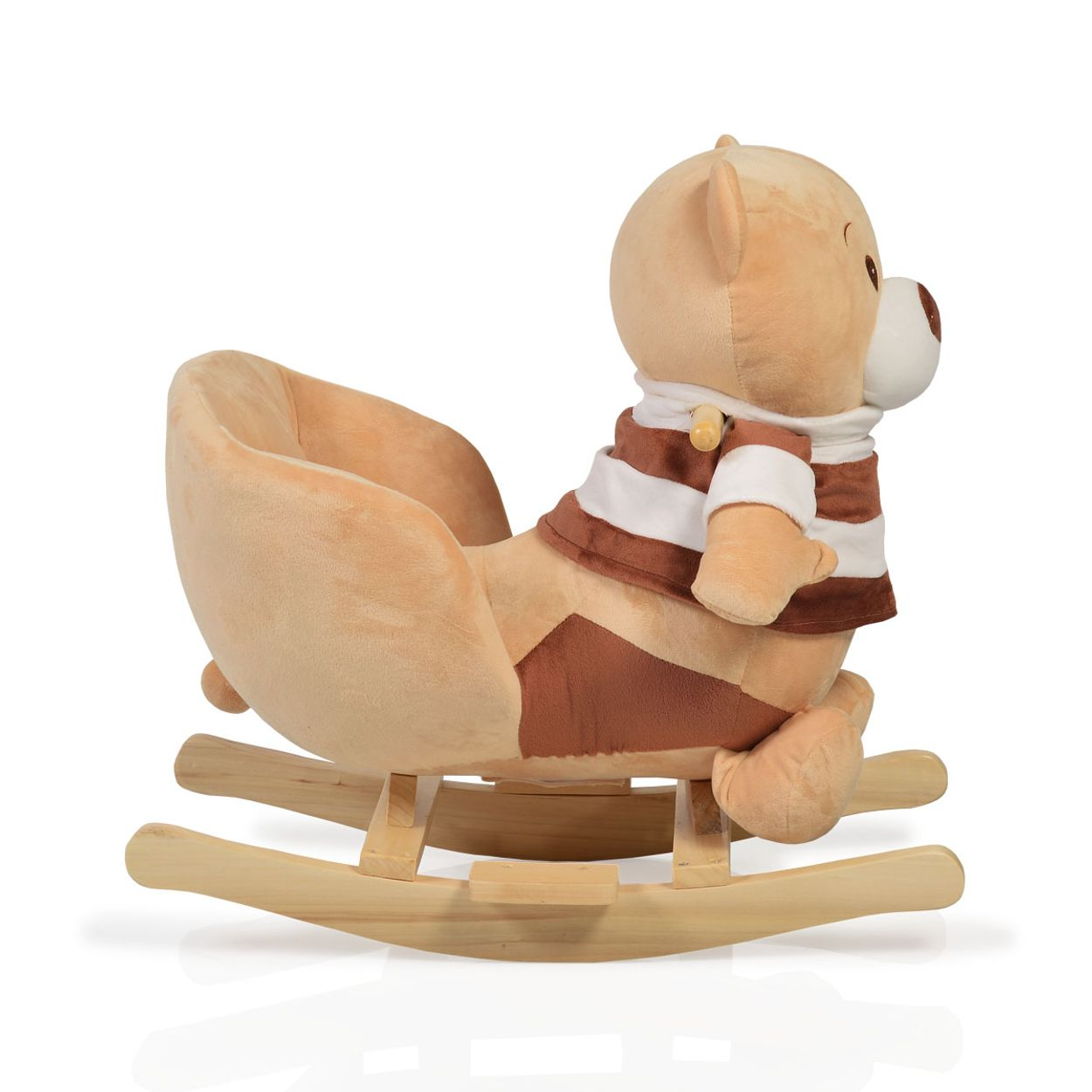Ein Plüsch-Teddybär-Schaukelstuhl mit braun-weiß gestreiftem Hemd auf Holzsockel.