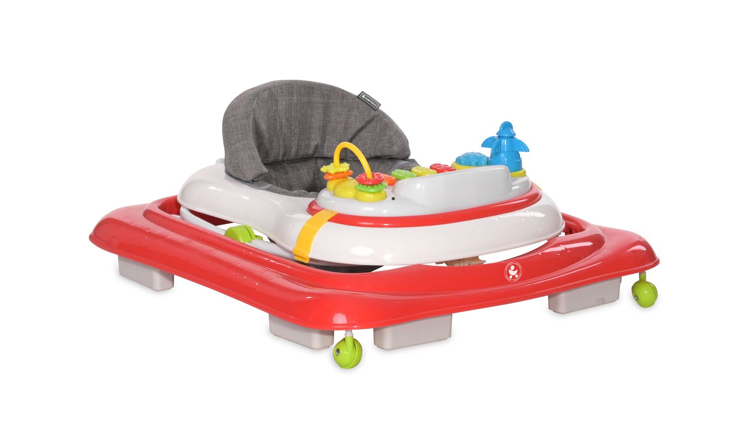Ein roter und weißer Baby-Lauflernwagen mit grauem Sitz und bunten Spielzeugen.
