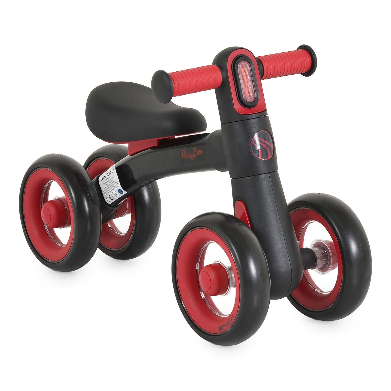 Ein schwarzes und rotes Vierrad-Laufrad für Kinder mit weißem Hintergrund.