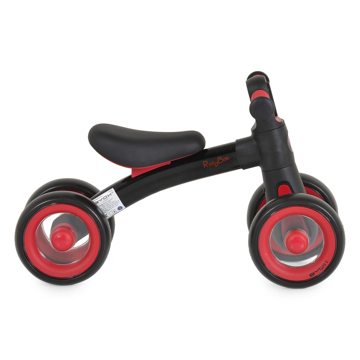 Ein schwarz-rotes RollyBoo Laufrad mit vier Rädern und schwarzem Sitz.