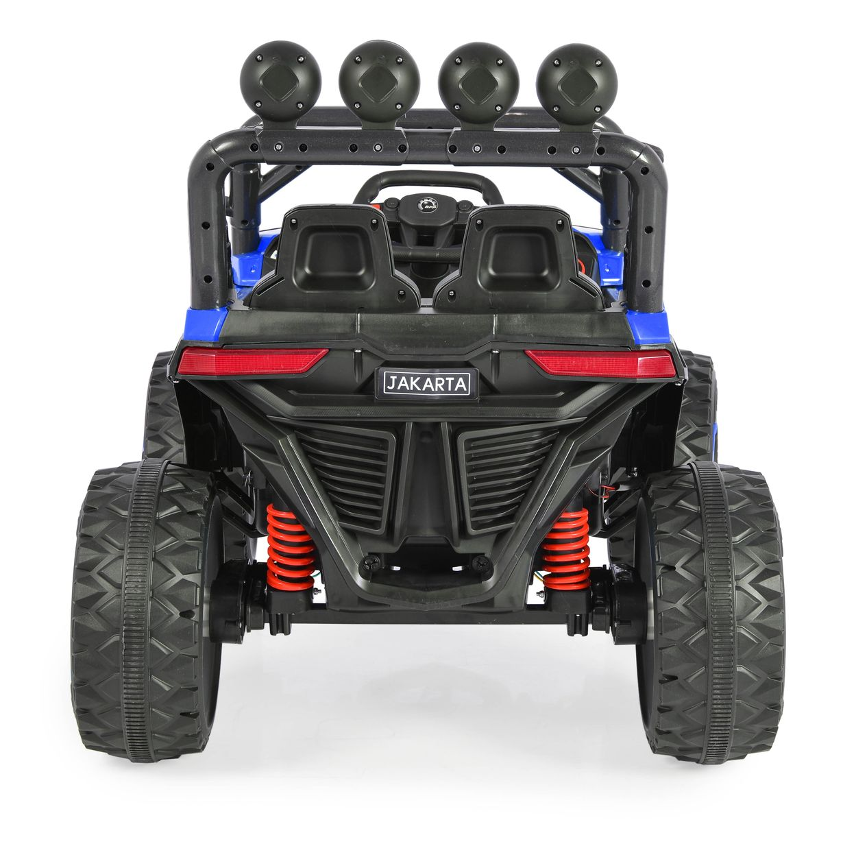 Blauer Kinder-Buggy mit vier Scheinwerfern und schwarzen Sitzen.