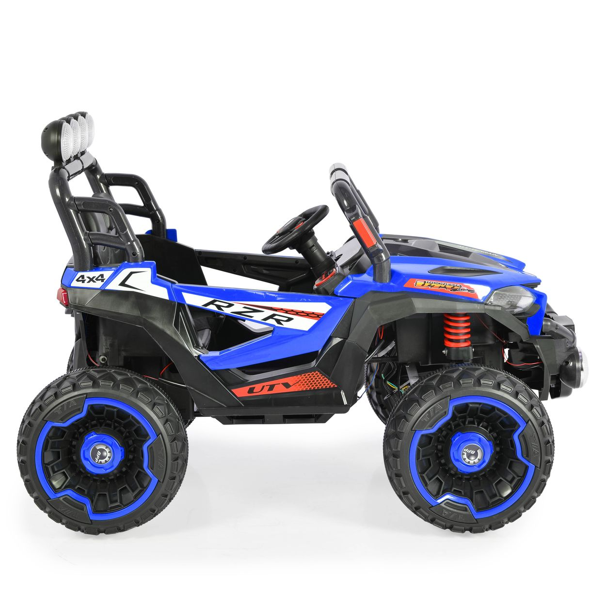 Blauer Kinder-UTV mit großen Rädern, Überrollbügel und Scheinwerfern.