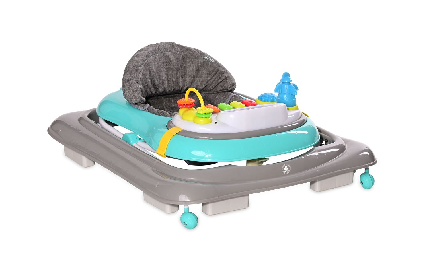 Ein türkiser und grauer Baby-Lauflernwagen mit Spielzeug und Sitz.