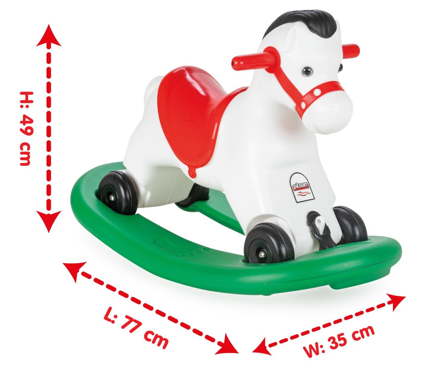 Ein weißes Schaukelpferd mit rotem Sattel und Zaumzeug auf einer grünen Wiege.