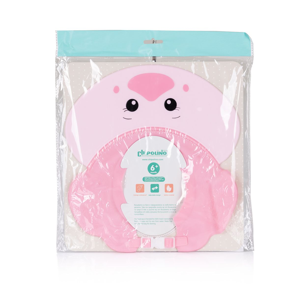 Ein rosa Schutzhut für Kinder, verpackt in Plastik, mit einem niedlichen Gesicht.