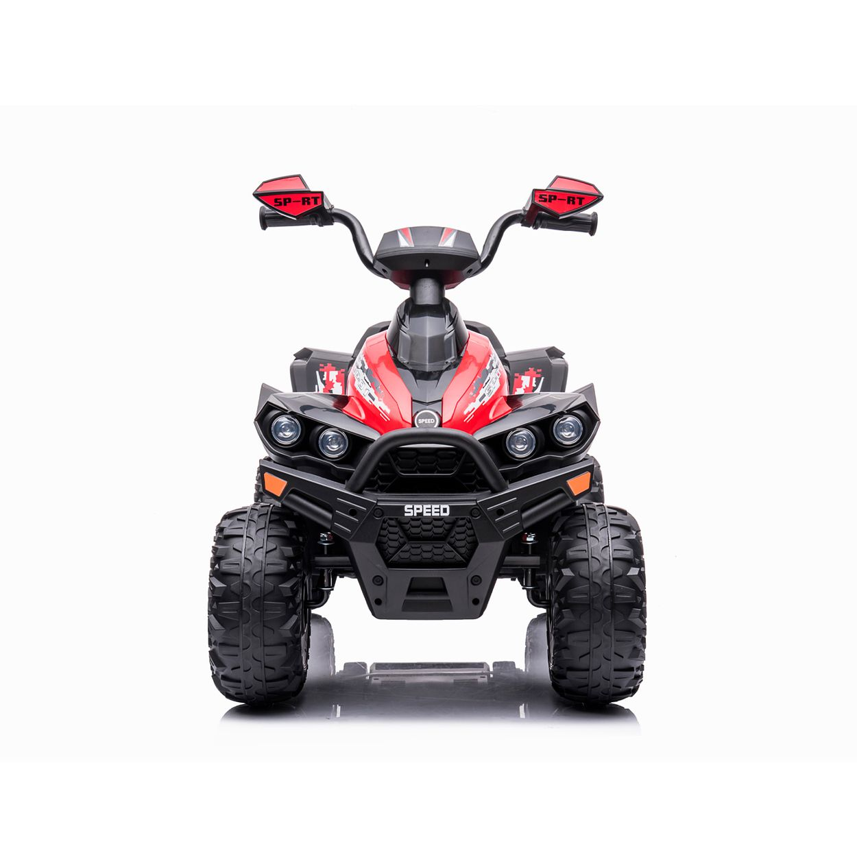Ein rotes und schwarzes Kinder-Quad mit großen Reifen und "SPEED"-Aufschrift.