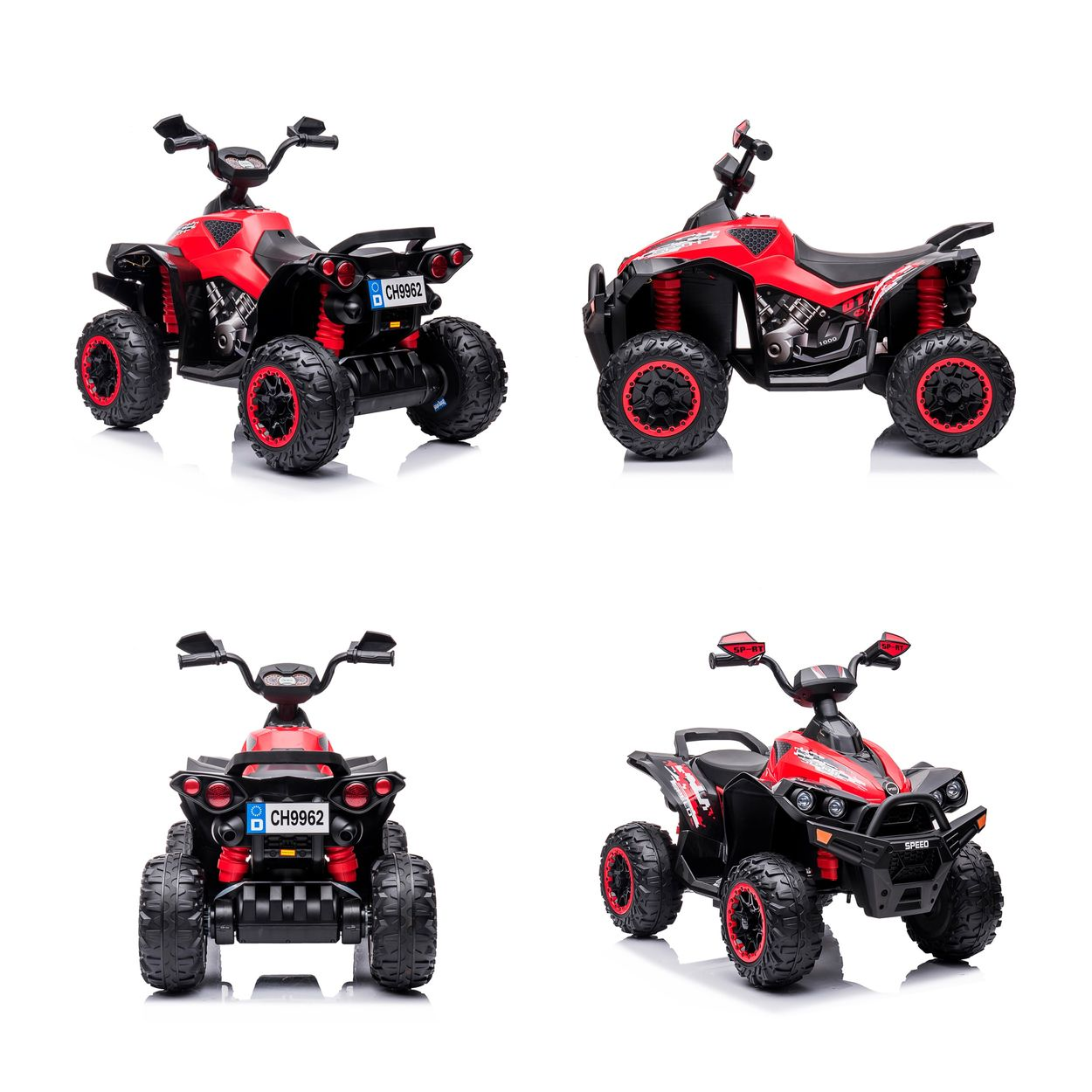 Vier rote und schwarze Kinder-ATVs mit großen Reifen, auf weißem Hintergrund.