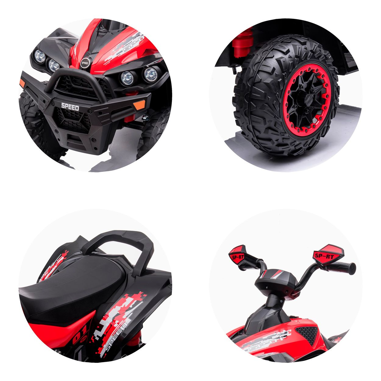 Details eines roten und schwarzen Kinder-Quads: Front, Rad, Sitz und Lenker.