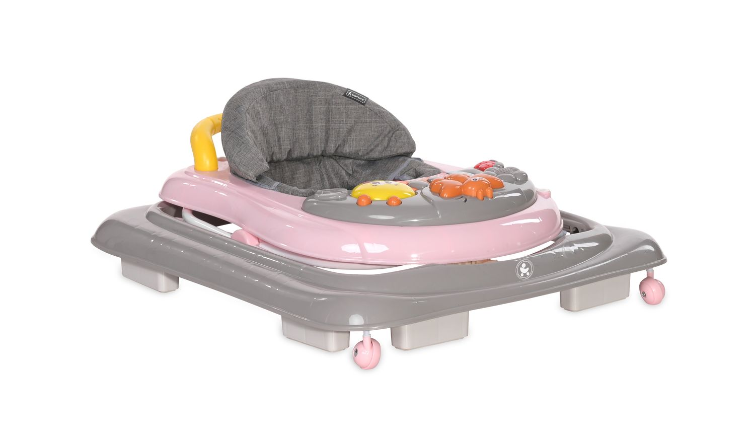 Ein rosafarbener und grauer Baby-Gehwagen mit Spielzeug und Sitz.