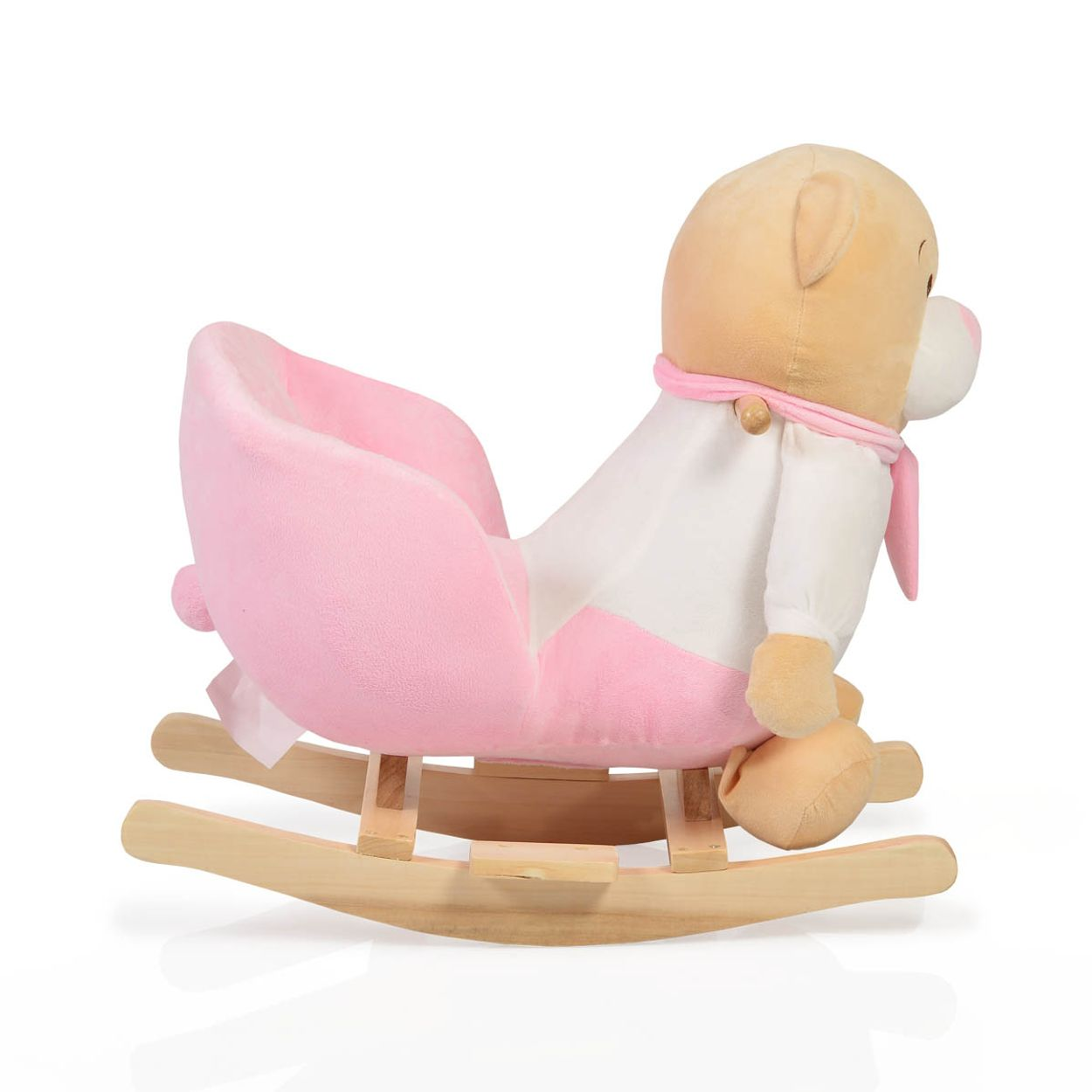 Ein rosafarbener Bären-Schaukelsitz mit Holzgestell.
