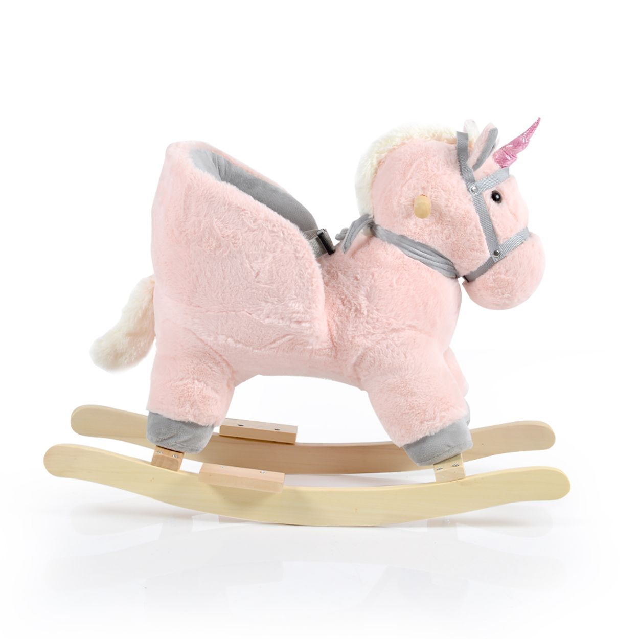 Ein rosa Plüsch-Einhorn-Schaukeltier mit Holzbasis und Sicherheitsgurt.