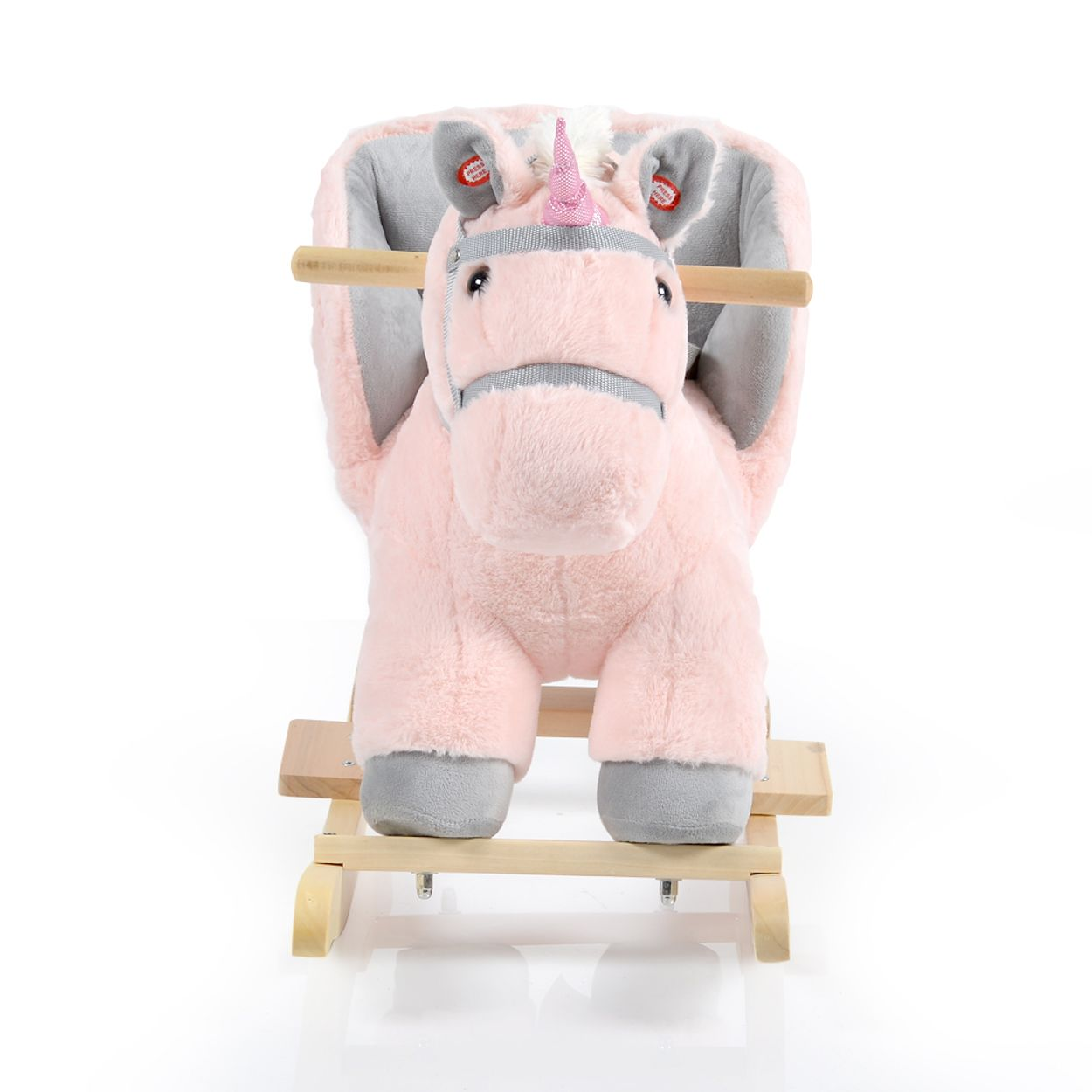 Ein rosafarbener Einhorn-Schaukelsitz mit grauen Akzenten auf einem Holzgestell.