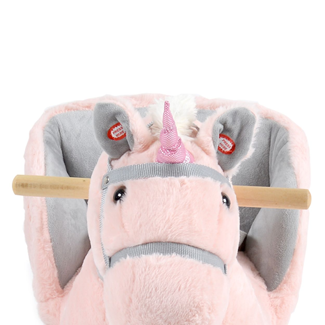 Ein rosafarbener Plüsch-Einhorn-Schaukelsitz mit Holzbügel und grauen Akzenten.