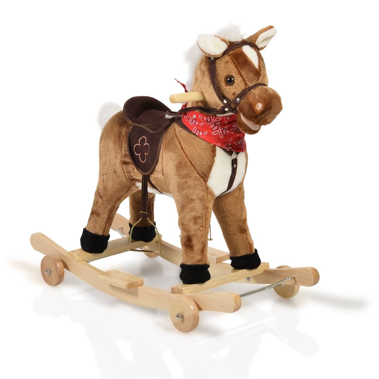 Ein braunes Plüschpferd mit Sattel und rotem Bandana auf einem Holz-Schaukelgestell.