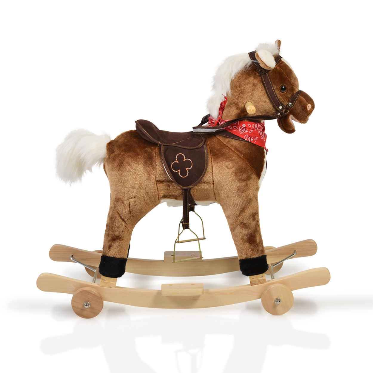 Ein braunes Plüschpferd mit weißem Schweif und Mähne auf einem Holzwippenständer.