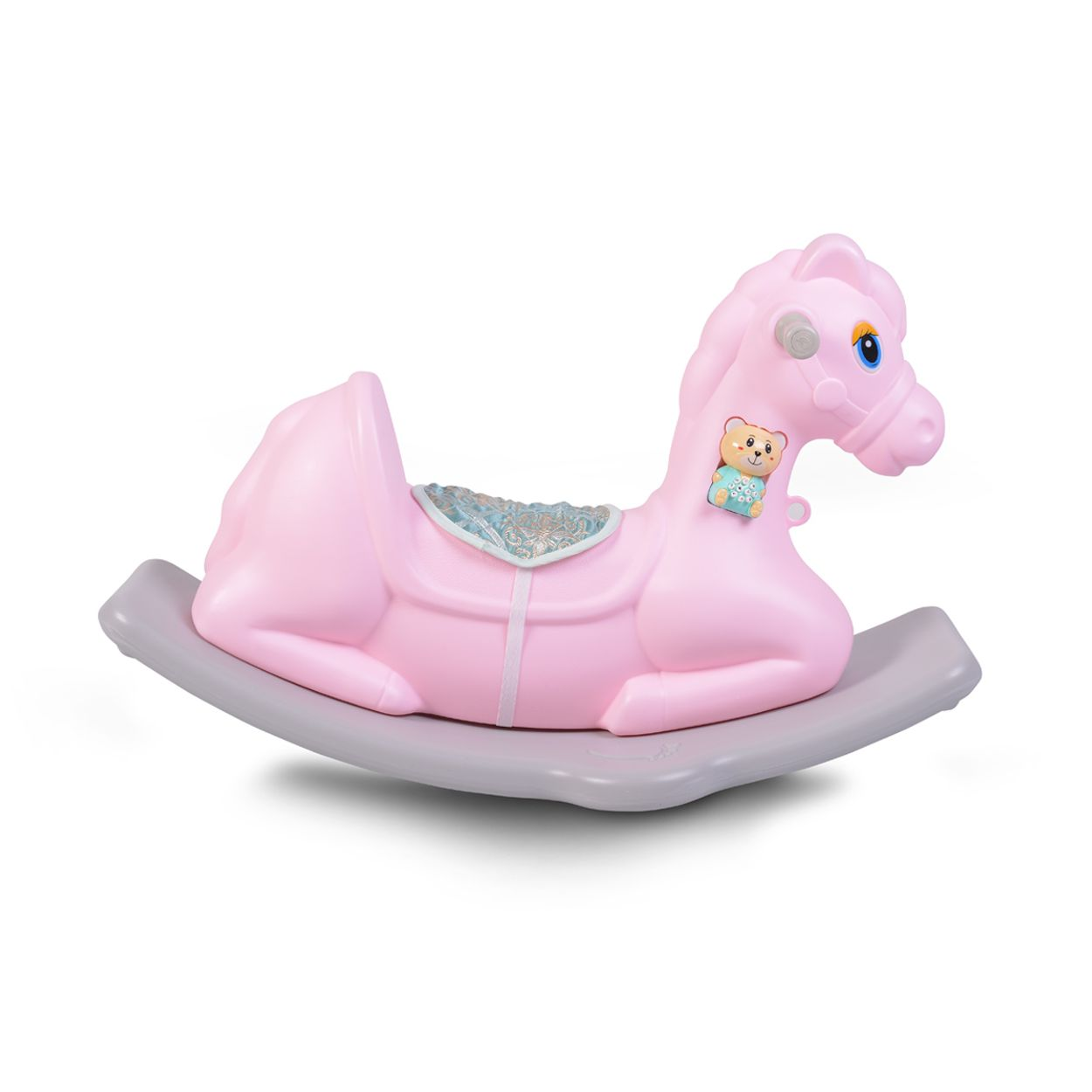 Ein rosafarbener Rockpferd mit einem Teddybären-Aufkleber auf grauem Rocker.