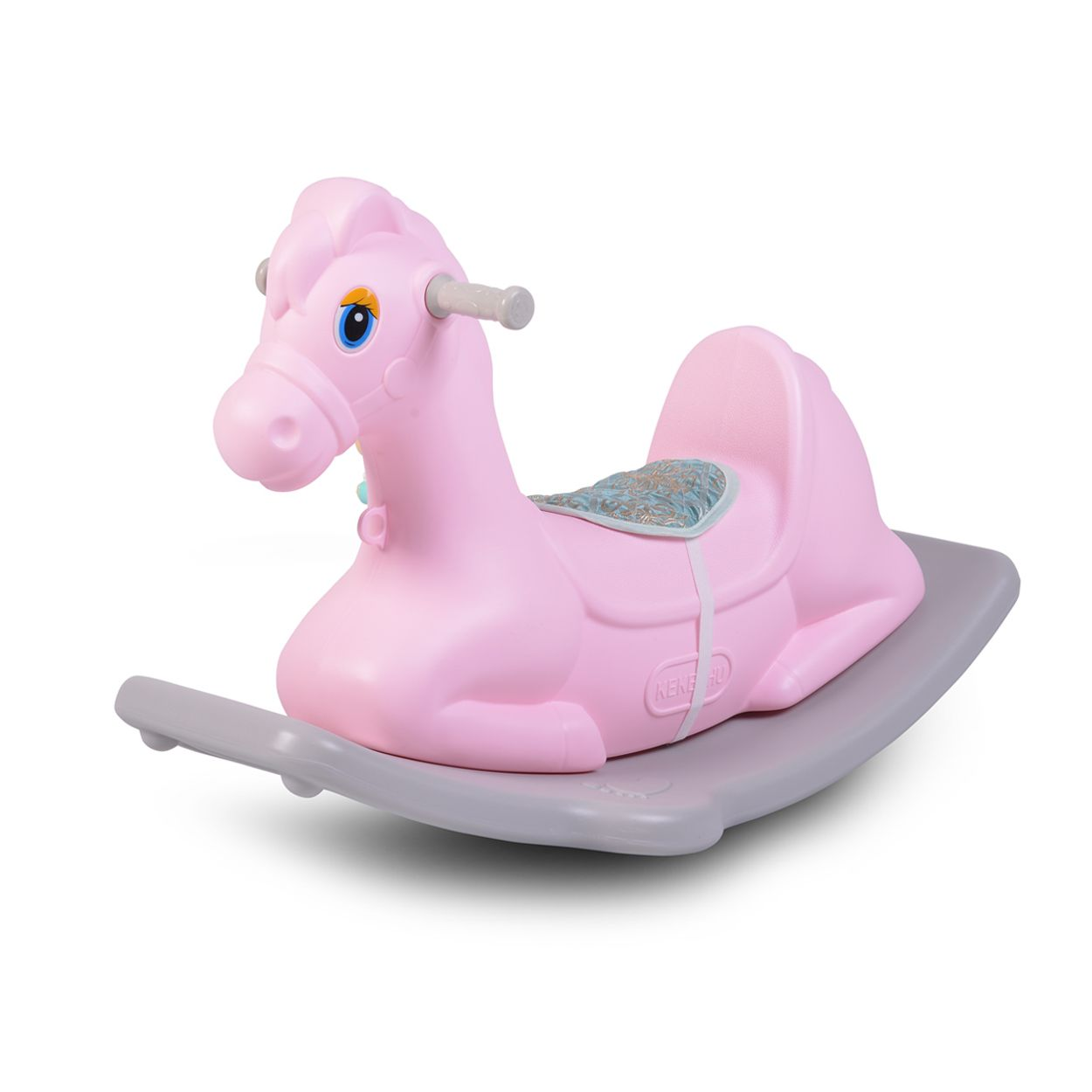 Ein rosafarbener Rocker-Pferdchen mit grauem Rocker-Boden.