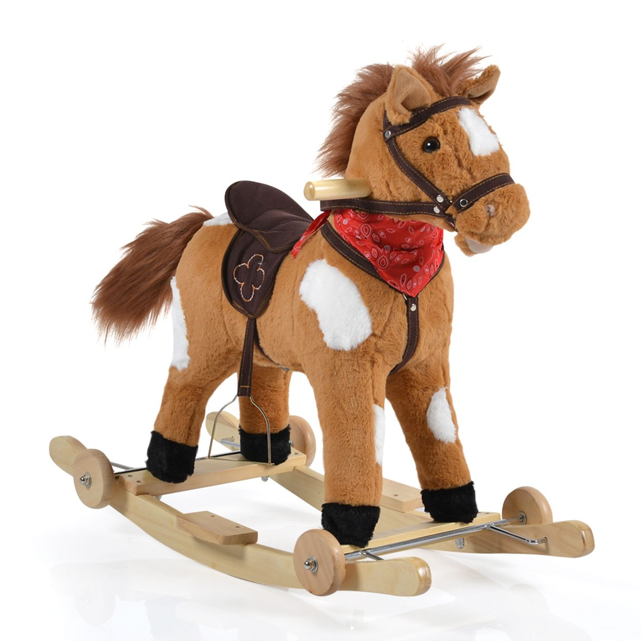 Ein braunes Plüschpferd mit weißen Flecken auf einem Holz-Schaukelgestell.