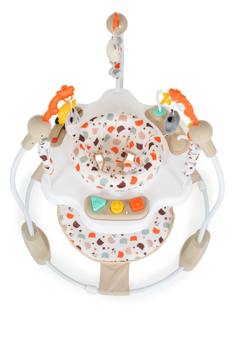 Ein Baby-Spielzentrum mit bunten Spielzeugen und einer gepolsterten Sitzfläche.