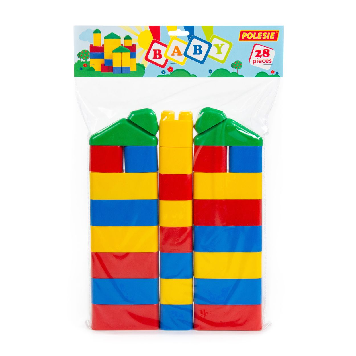 Verpackung mit bunten Bausteinen für Kinder in Rot, Blau und Gelb.