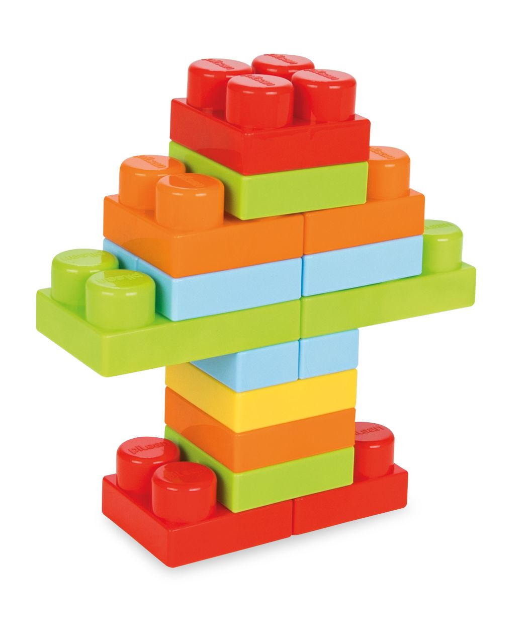 Una torre colorida hecha de bloques de construcción en rojo, naranja, amarillo, azul y verde.