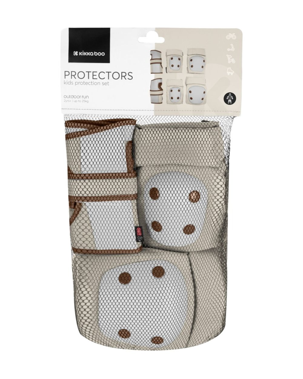 Kikka boo Kinderschutzset mit Knie- und Ellbogenschützern in Beige mit braunen Punkten.