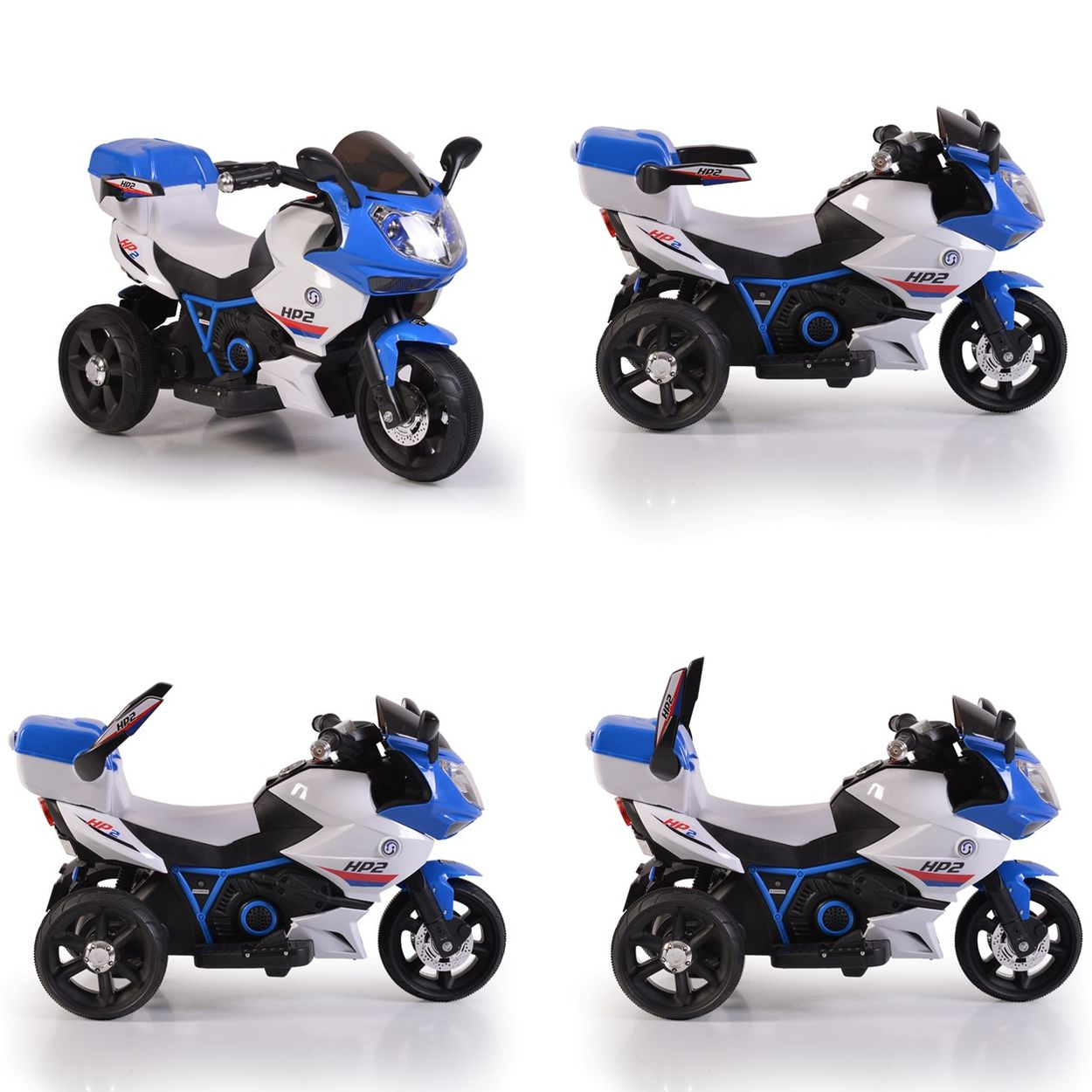Ein weiß-blaues elektrisches Spielzeugmotorrad mit drei Rädern und einer Kiste.