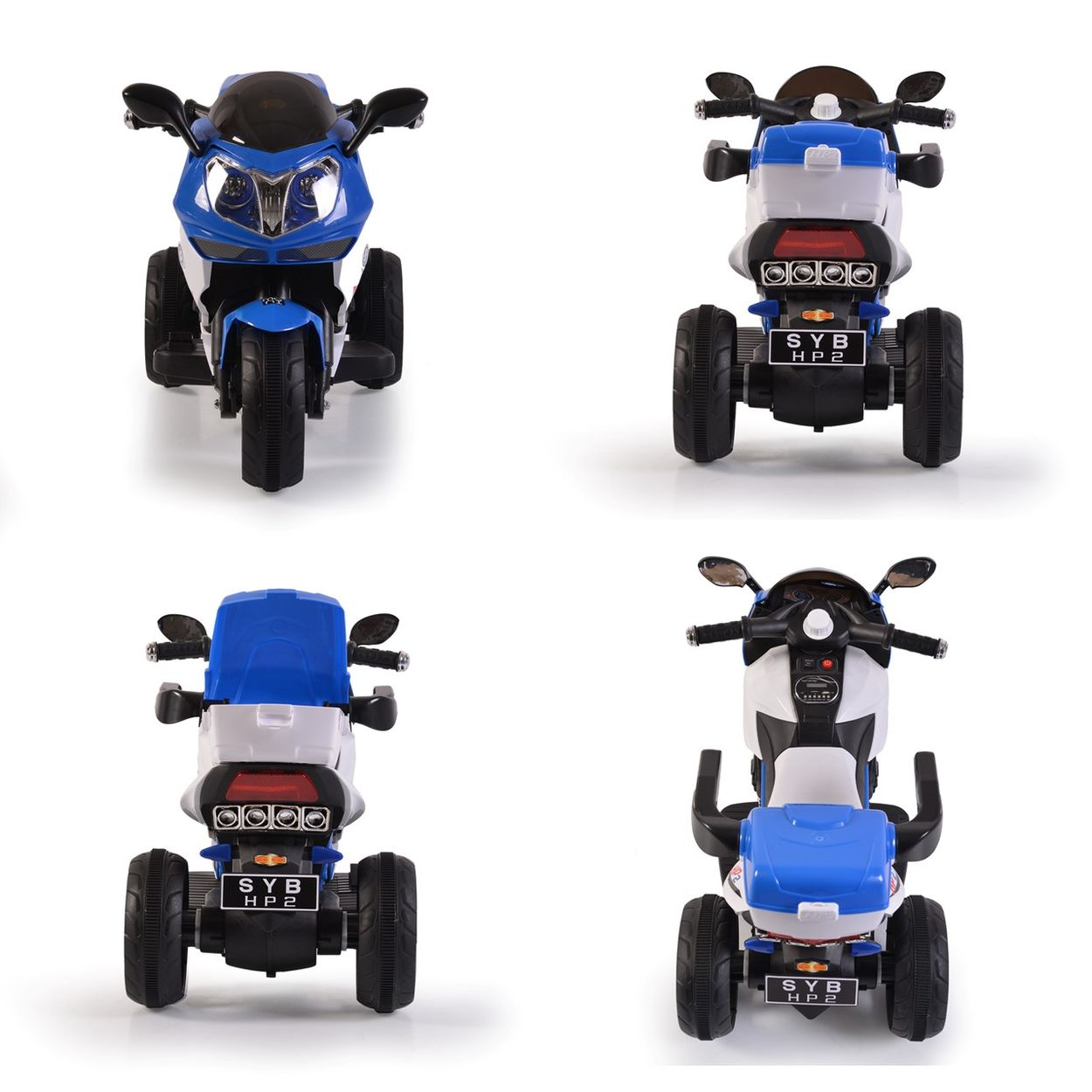 Ein blau-weißer Dreirad-Roller für Kinder mit Lichtern und einem Nummernschild.