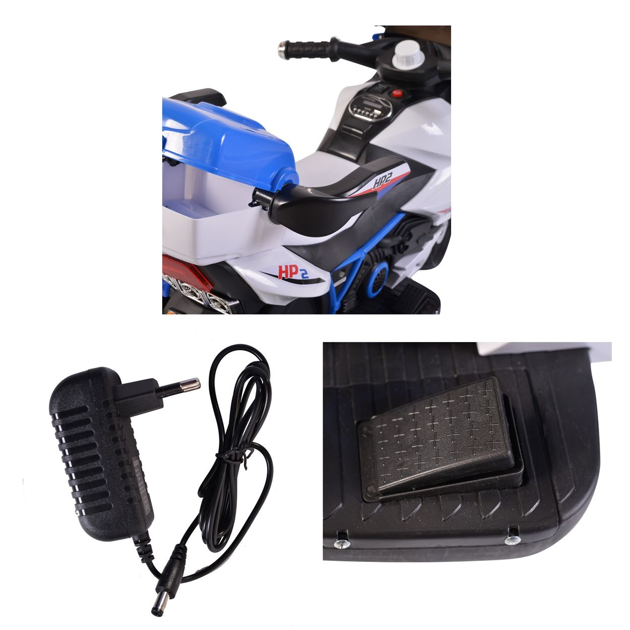 Weiß-blaues Spielzeugmotorrad mit Ladegerät und Fußpedal.