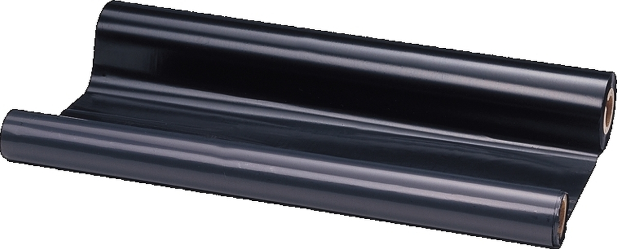 Eine Rolle schwarzes Thermotransferband mit Pappkern, die für Drucker verwendet wird.