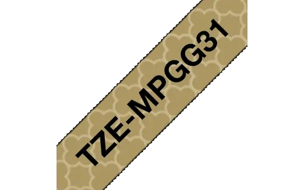Ein diagonales goldenes Band mit sich wiederholendem Kleeblattmuster und schwarzem Text TZE-MPGG31.