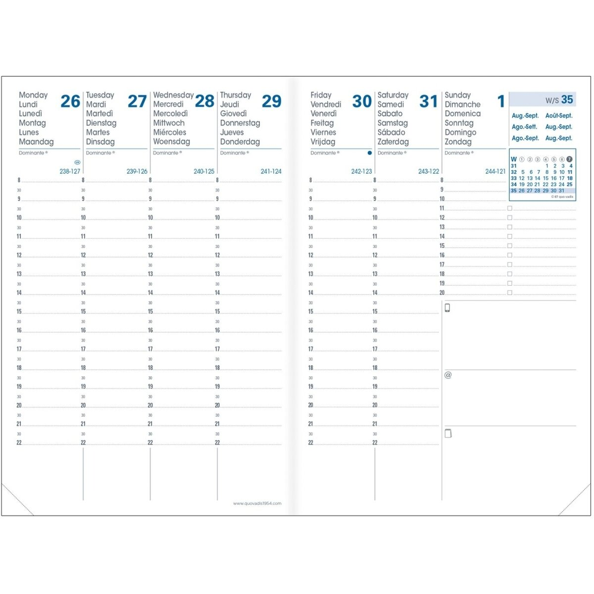 Una página de calendario del lunes 26 al domingo 1, con horas y números.