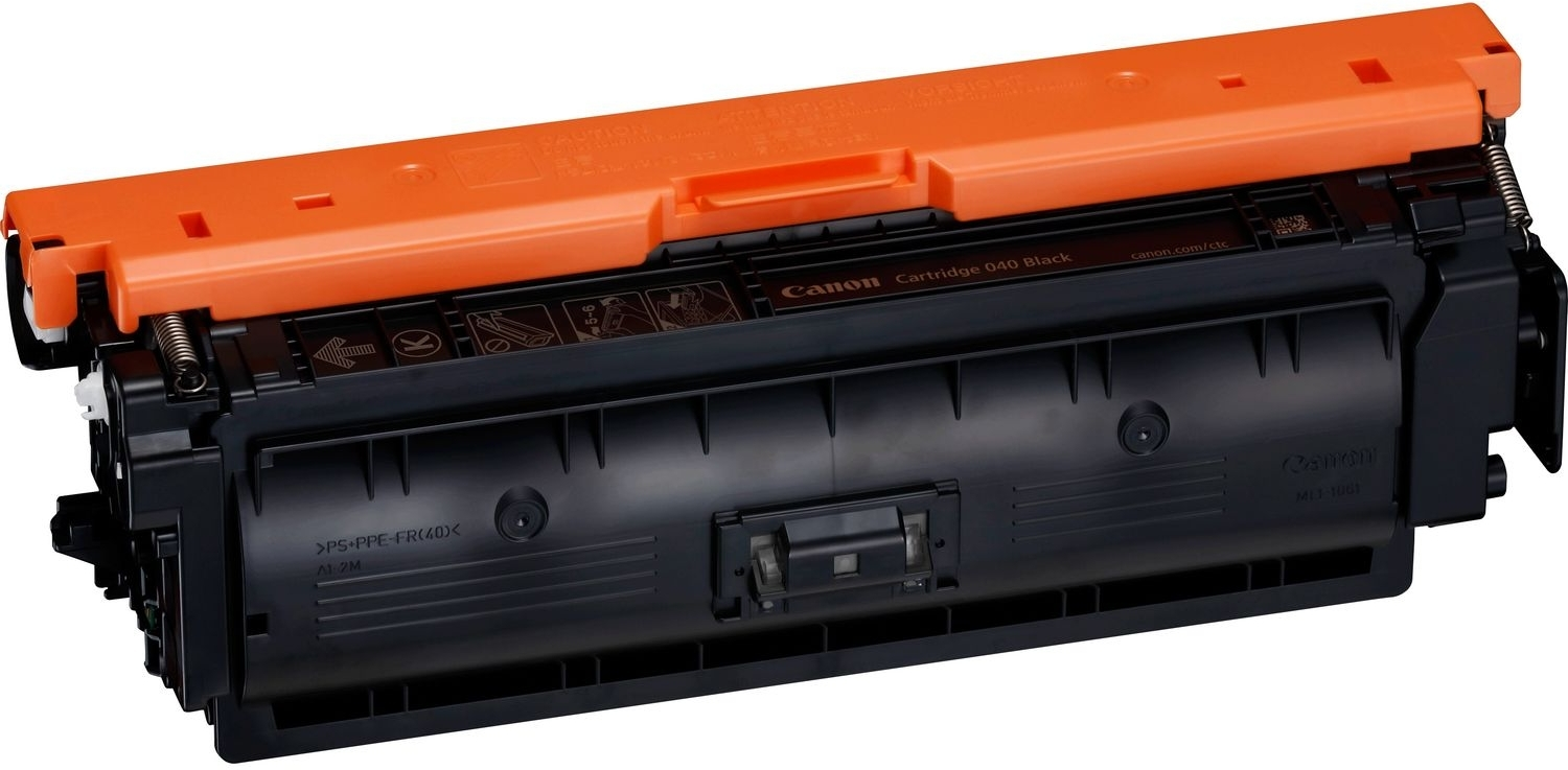 Cartucho de tóner negro Canon 040 con tapa naranja, aislado sobre blanco.