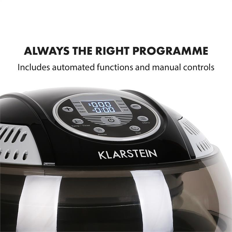Ein Klarstein Heißluftfritteuse mit digitalem Bedienfeld und Timer.