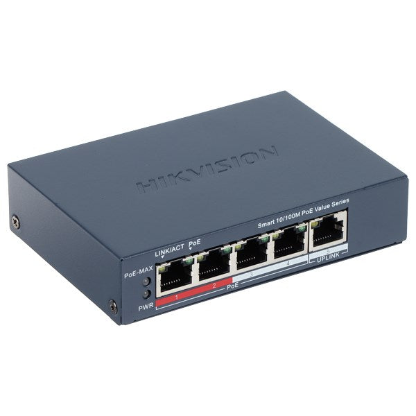 Ciemnoszary przełącznik Hikvision Smart 10/100M PoE z pięcioma portami.