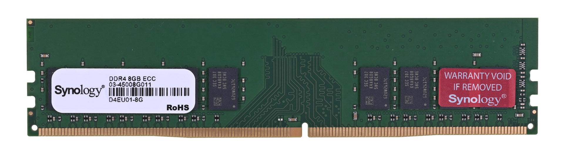 Un módulo RAM DDR4 8GB ECC verde con etiquetas Synology y contactos dorados.