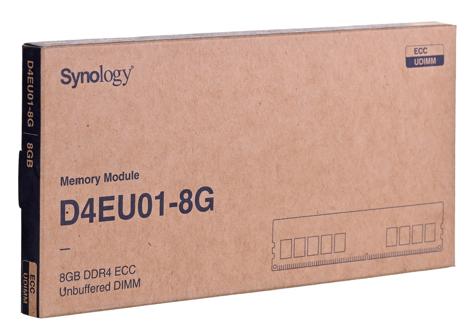Embalaje de módulo RAM Synology con especificaciones y diagrama esquemático.
