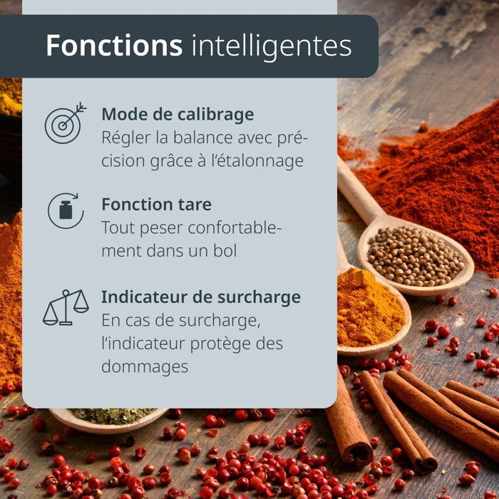 Gewürze und Text über intelligente Funktionen: Kalibrierung, Tara, Überlastanzeige.