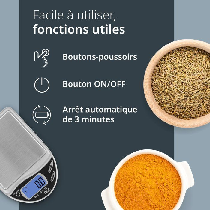 Eine digitale Küchenwaage mit Tasten, Ein-/Aus-Schalter und 3-Minuten-Automatik.