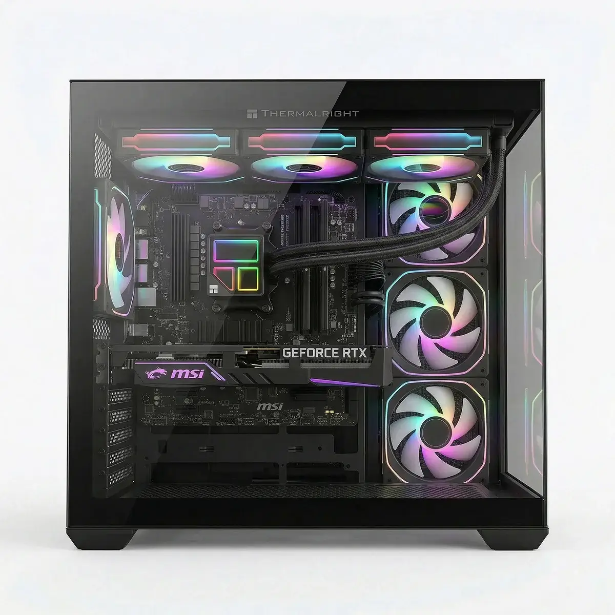 Un case PC nero con illuminazione RGB su ventole e componenti.
