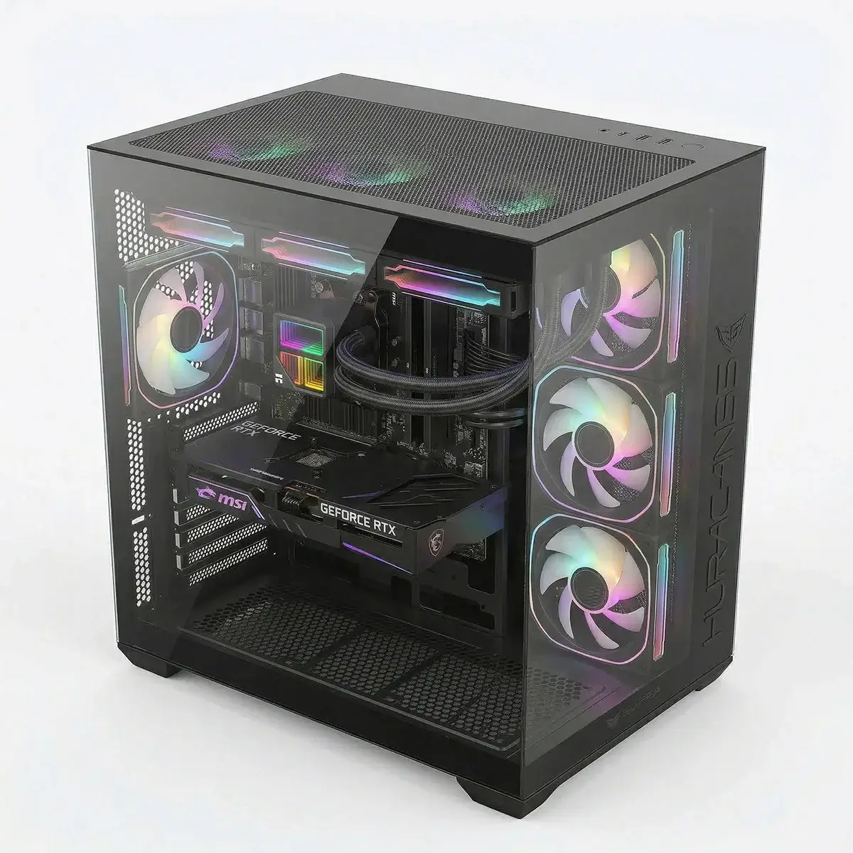 Un case PC gaming nero con pannelli in vetro, ventole RGB e una scheda grafica.