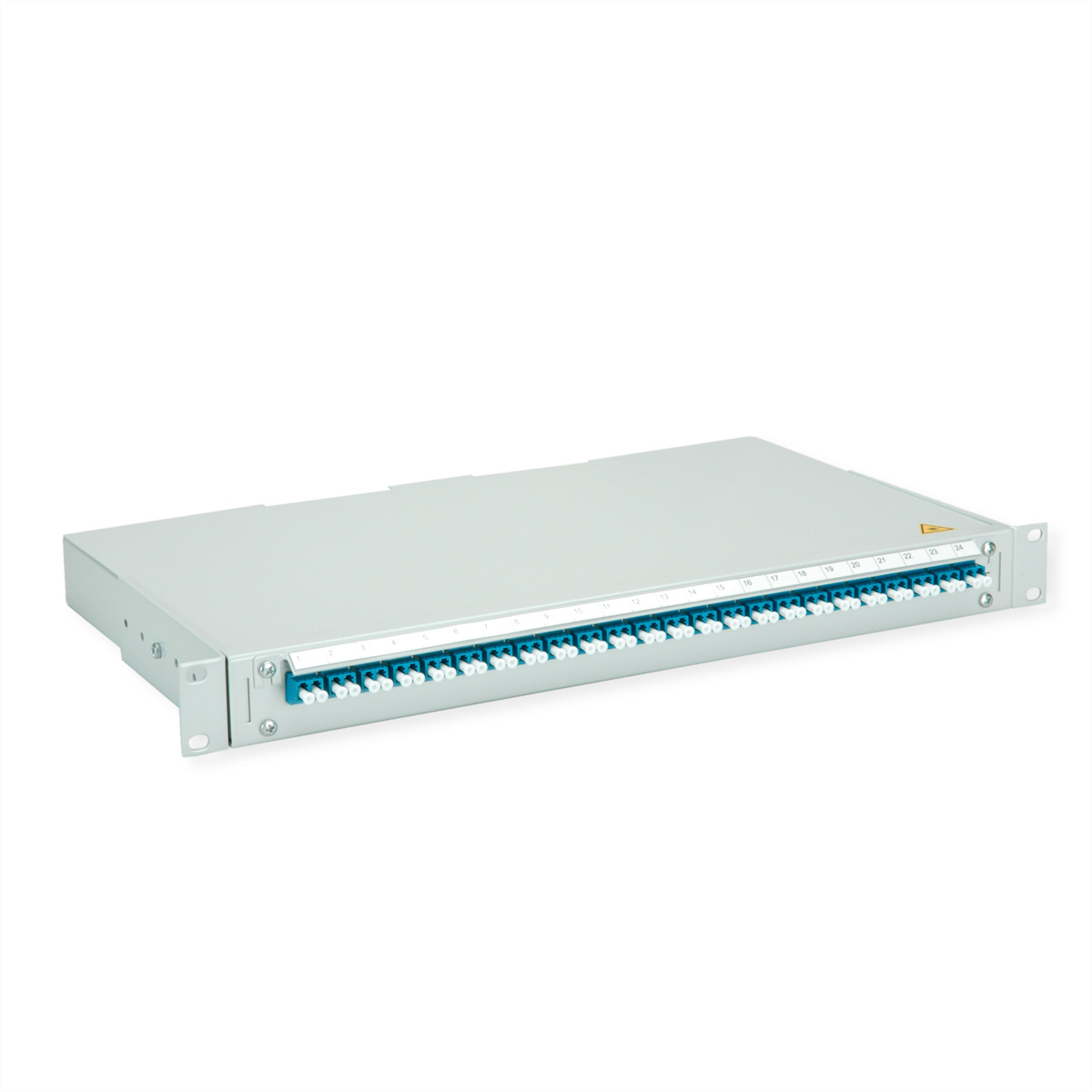 Ein silbernes Rack-Panel mit 24 blauen und weißen Glasfaseranschlüssen.