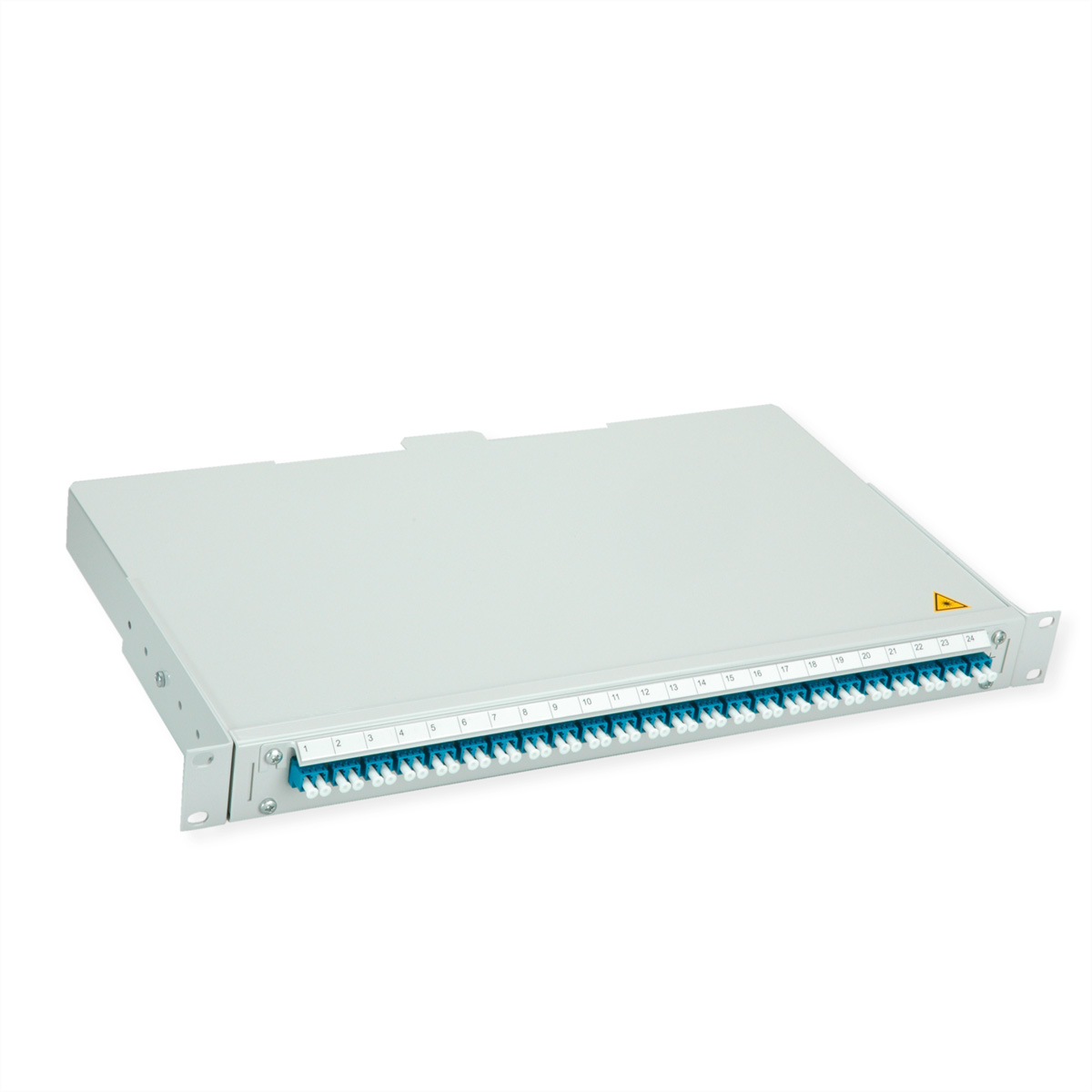 Ein graues Patchpanel mit 24 blauen und weißen Anschlüssen, nummeriert von 1 bis 24.
