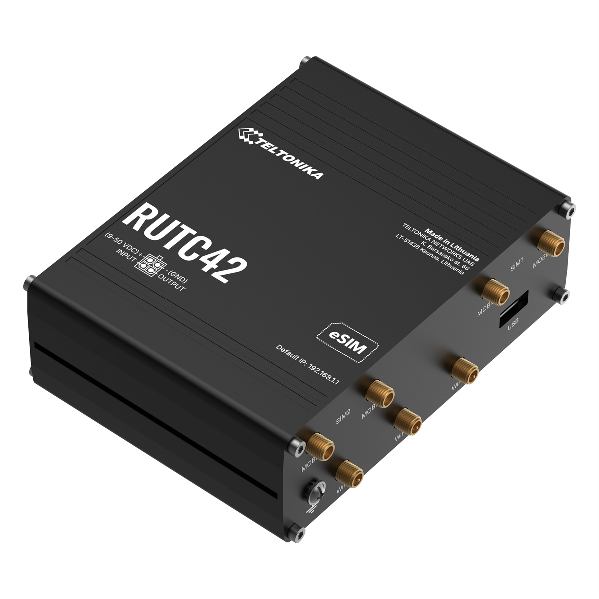 Schwarzes Teltonika RUT C42 mit Anschlüssen und USB-Port.